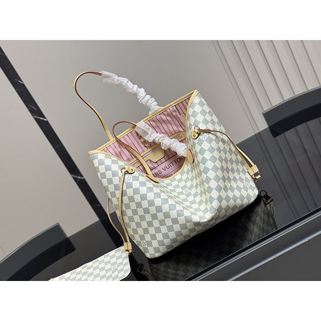 Túi LV Neverfull MM trắng caro lot hồng TLV202